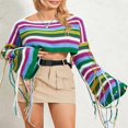 thumbnail image 4 of Ladies‘ Striped Print Tassel Long Sleeve Cropped Knit Tops, 4 of 9