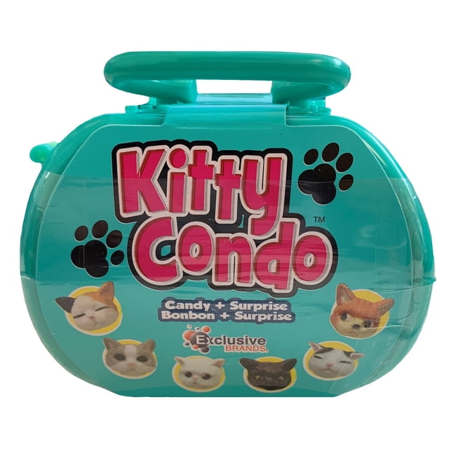 Exclusive Brands Kitty Condo Candy + Surprise is a teal plastic novelty toy container shaped like a small suitcase with a handle, featuring pink Kitty Condo text and black paw prints, containing collectible toy kittens and fruit-flavored candy, suitable for party loot bags and gift baskets.