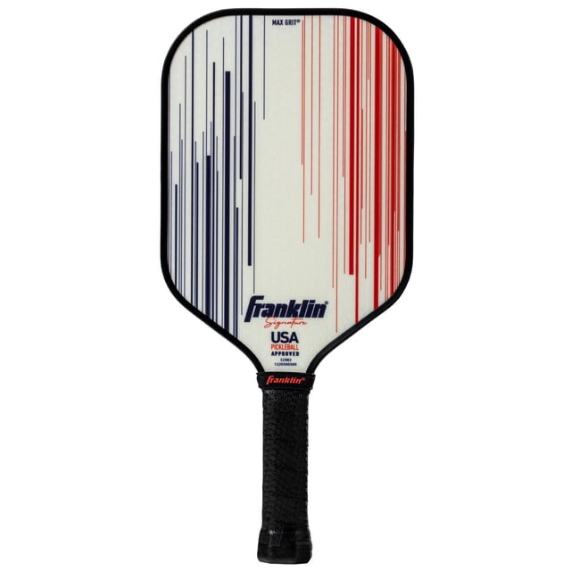 Franklin Sports Signature Series Poaddle de 13 mm avec face Blanche Présentant des Stries Verticales Bleues et Rouges, surface en Fibre de Verre Texturée MaxGrit pour une Rotation et un Contrôle des Vibrations Améliorés, Poignée Enveloppée Noire, Certifié USA Pickleball pour Jeu Compétitif.