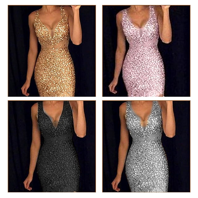 VONKY Robe de Soirée Tenue de Fête Vêtements de Fête V Cou Cocktail Sans Manches Robes de Bal de Dame Or M