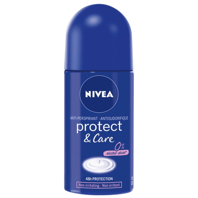 Nivea Protect & Care Roll-On Antiperspirant, 50ml, in a blue bottle with white and pink text emphasizing 48-hour protection, 0% alcohol, and non-irritating formula. Ideal for women's antiperspirant needs.