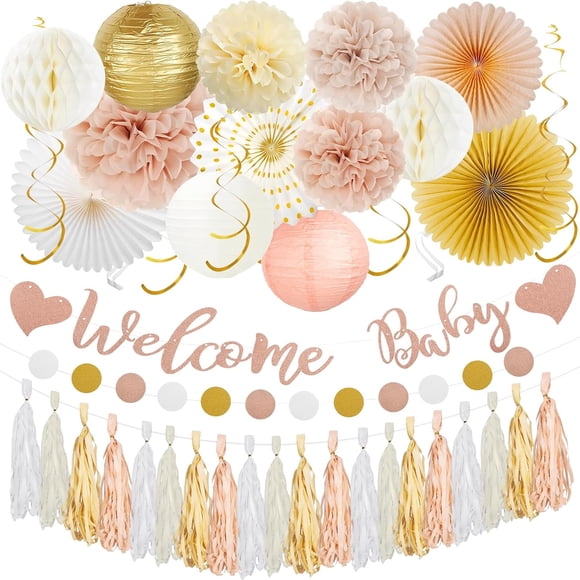 Champagne-Gold Beige Fall Boho Baby Shower Party Decorations for Girl,41Pcs Welcome Baby Banner,Paper Lanterns,Flowers,Fans,Honeycomb Balls,Streamer Garland,Hanging Tassels,Swirls for Party Decor