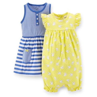 Carter's Baby Girls' 3 Piece Dress Romper Set - Yellow/ Blue Doves - 3 Months
