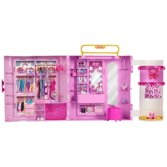Barbie Closet with Spin & Style Feature, Vanity, Ottoman, 4 Fashions, 20+ Pieces, Portable Storage