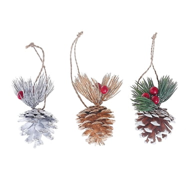 Christmas Pinecone With Berries Ornament - Set of 6