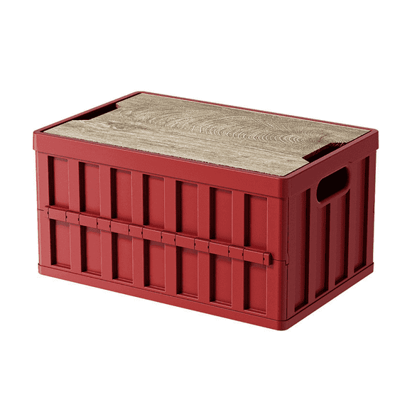 SpaceMuse Camping Storage Box, 50L Foldable Bin with Pine Wood Lid, Collapsible Folding Crate Plastic Storage Crates for Outdoor Activities, Red