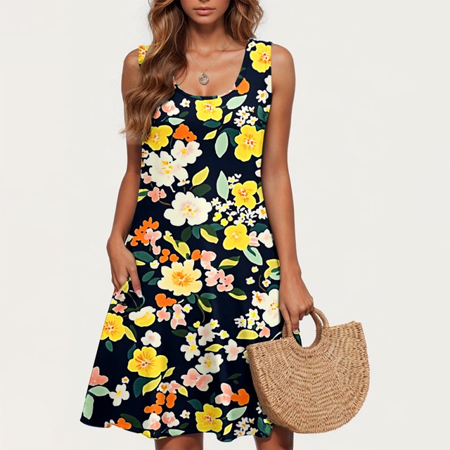 Ovzne Robes d'Été pour Femmes Robe Décontractée Grande Taille Sans Manches Col Rond Courte Robe Florale Robe Femme Liquidation
