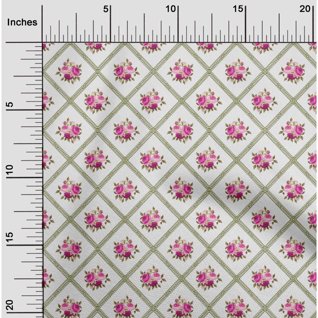 oneOone Tissu Cambric en Coton Imprimé Floral Losanges/feuilles et Roses, Tissu BTY 56 Pouces de Large