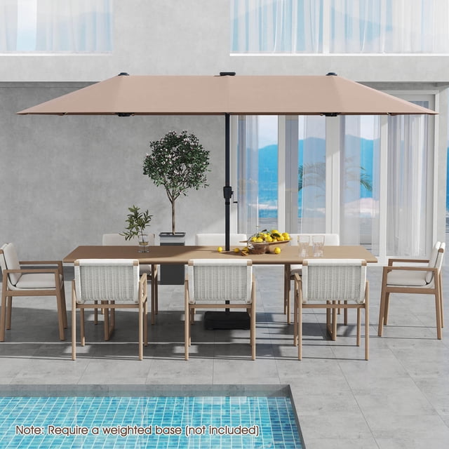 Costway 13 FT Large Patio Umbrella with LED Solar Lights Crank Handle 12 Heavy-Duty Ribs Brown positioned over a modern outdoor dining table near a pool. The double-sided brown polyester canopy offers extensive outdoor shade, supported by 12 durable metal ribs. Features 108 solar-powered LED lights for evening ambiance, controlled by a switch on the pole. Ideal for patio dining, poolside relaxation, or backyard events. Requires a weighted base (not included).