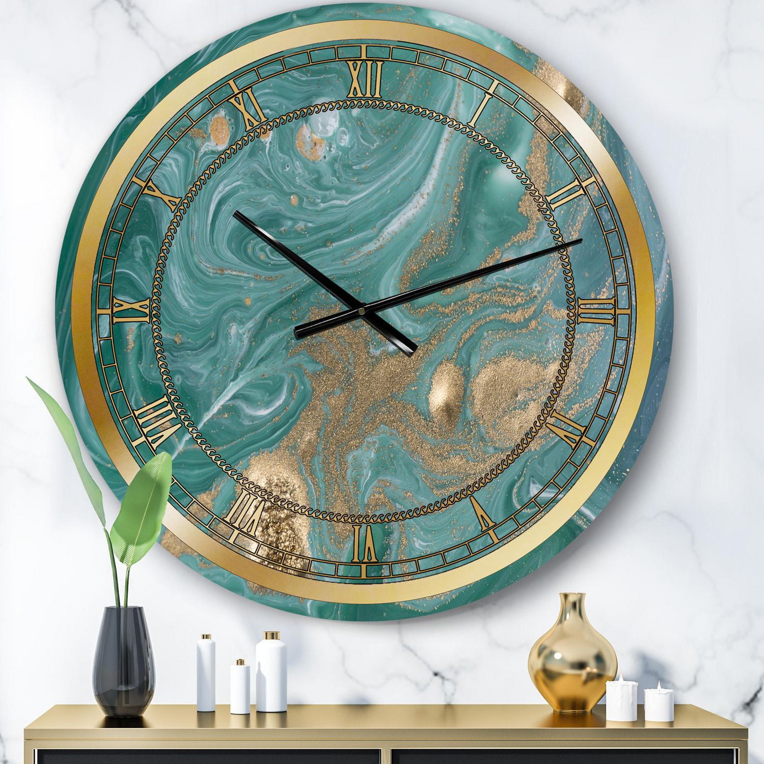 Designart Marbre Nature Vert et Or horloge murale