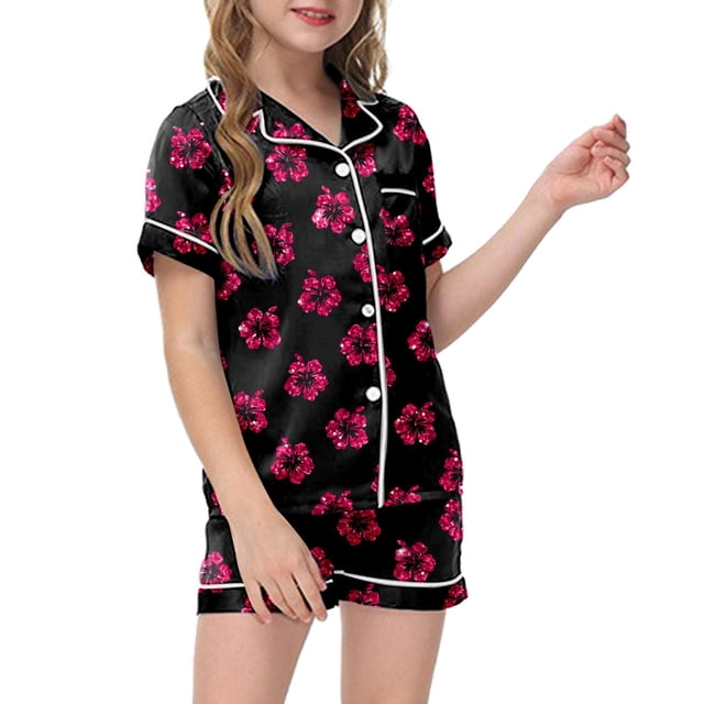 Pyjama en Satin pour Enfants pour Fille, Imprimé Graphique, Ensemble de Hauts à Boutons, Ensemble de Pyjama Décontracté, Pyjama pour Enfants, Filles 8-10 Ans