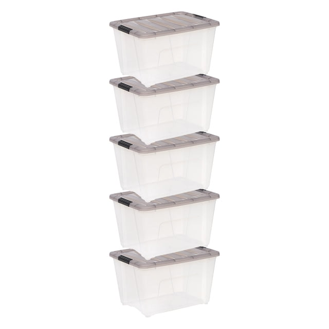 IRIS 50 L (53 Qt) Plastic Storage Bins with Lids Stackable Storage Containers Totes 5 Pack displayed in a vertical stack. Each bin has a transparent body with grey snap-on lids and built-in handles for easy carrying. Perfect for decluttering and organizing household items, these durable bins maximize vertical storage in closets, garages, or storage rooms.