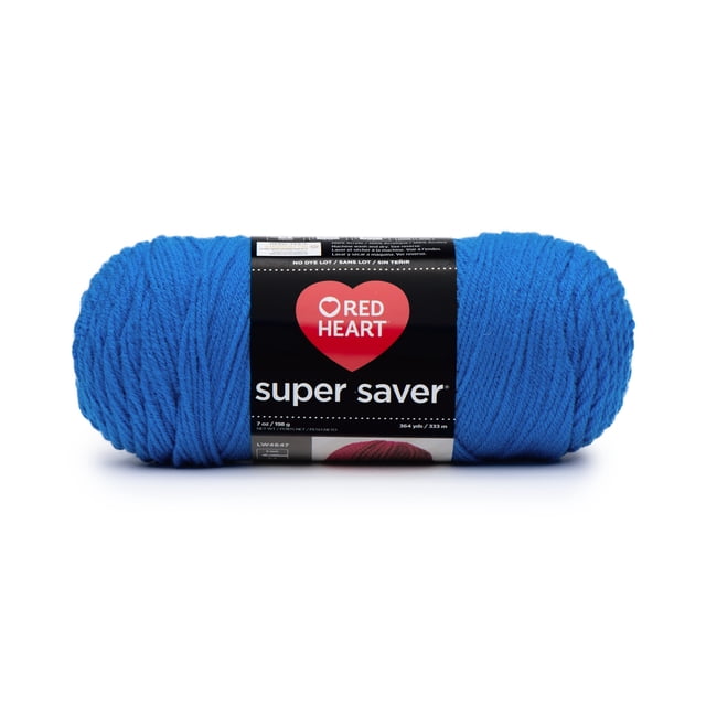 Red Heart® Super Saver® Yarn, Solid, Acrylic #4 Medium, 7oz/198g, 364 Yards, a front-facing skein of bright blue worsted weight acrylic yarn with a black label featuring the Red Heart logo and product details, ideal for durable knitting and crocheting projects and often used for crafting home décor items.