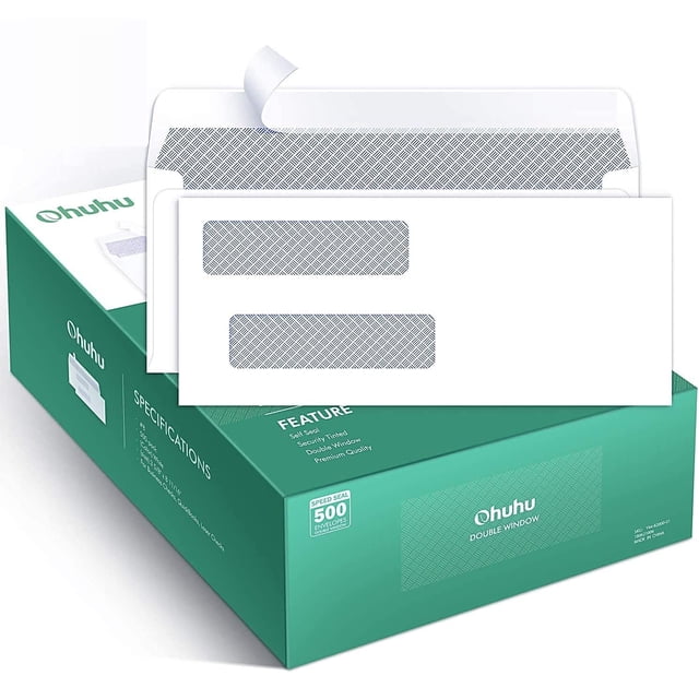 Ohuhu 500 Pack #8 Double Window Envelope SELF SEAL Adhesive Tinted Security Envelopes Quickbooks Check, Business Check, Documents Secure Mailing, 3 5