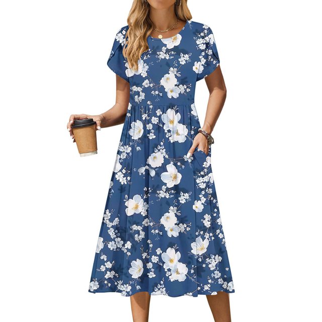 Ovzne Robes d'Été pour Femmes Robe Femme Robe Décontractée d'Été pour Femmes Robe de Printemps à Manches Courtes avec Poches Robe de Plage Évasée Robe Décontractée Robe de Vacances à Manches Courtes Liquidation