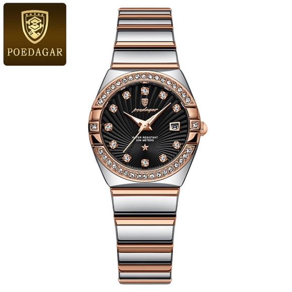 POEDAGAR Women Black Shell Pattern Quartz Diamond Stainless Steel Watch Waterproof Date Female Wristwatch