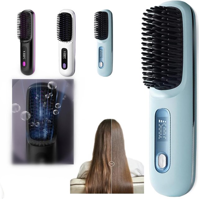 JUNWELL Numoya Portable Straightener Brush - Fast Heating Cordless Mini Hair Straightener Brush 3 Temp-Settings,Straightener Rechargeable & Cordless Mini Hair Straightener Comb (Black