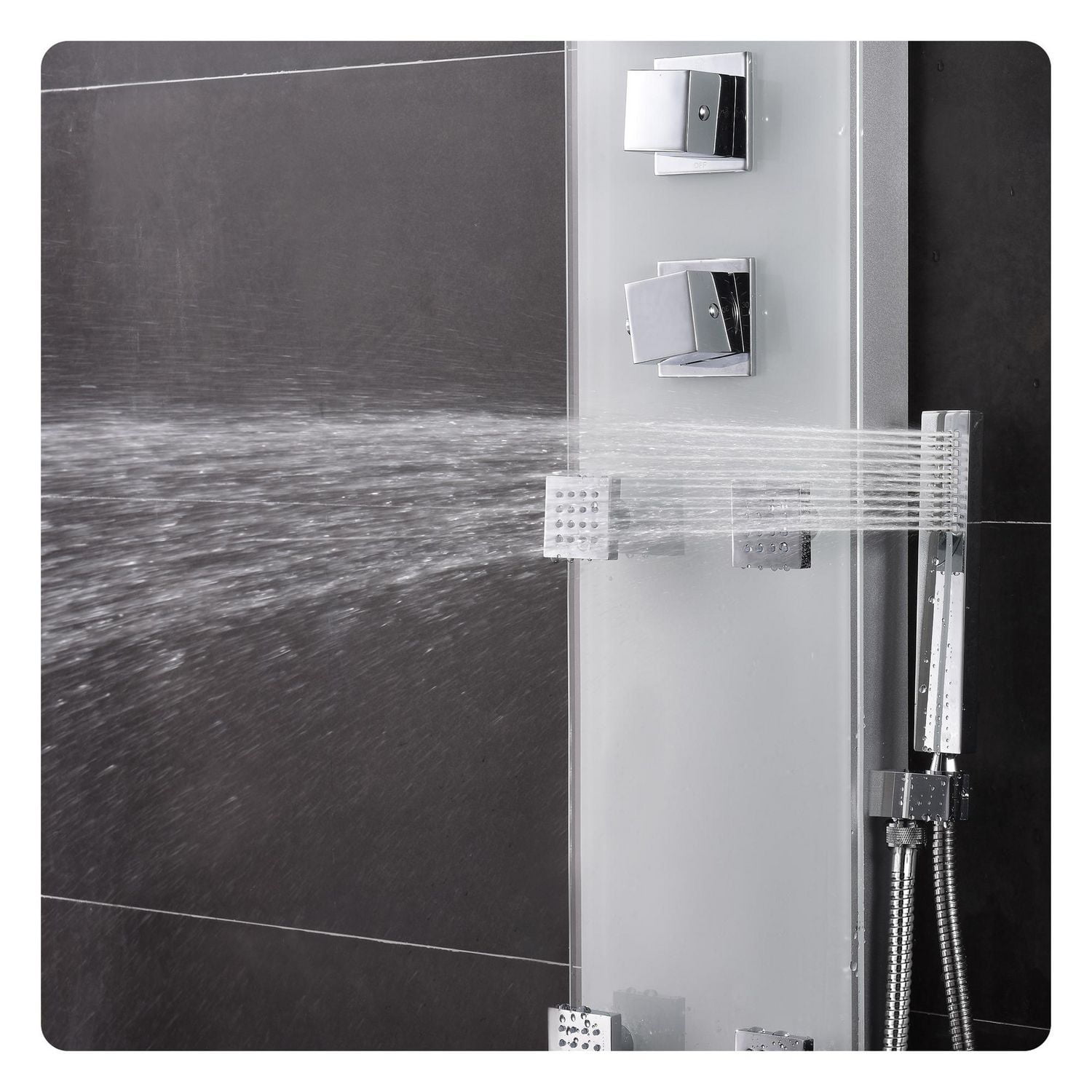 The akuaplus® ZARA stainless steel and glass shower panel with thermostatic cartridge and 3-way diverter, 6 body jets oriental, plus 1 shelf.