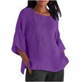 thumbnail image 3 of QATAINLAV Ventes de la Rentrée, Chemises en Lin pour Femmes Grande Taille Manches 3/4 T-Shirt Décontracté Ample Mignon Col Ras du Cou Blouse Plissée T-Shirts 2025 Tenues de Vacances Printemps Été Violet TTTTG, 3 of 6