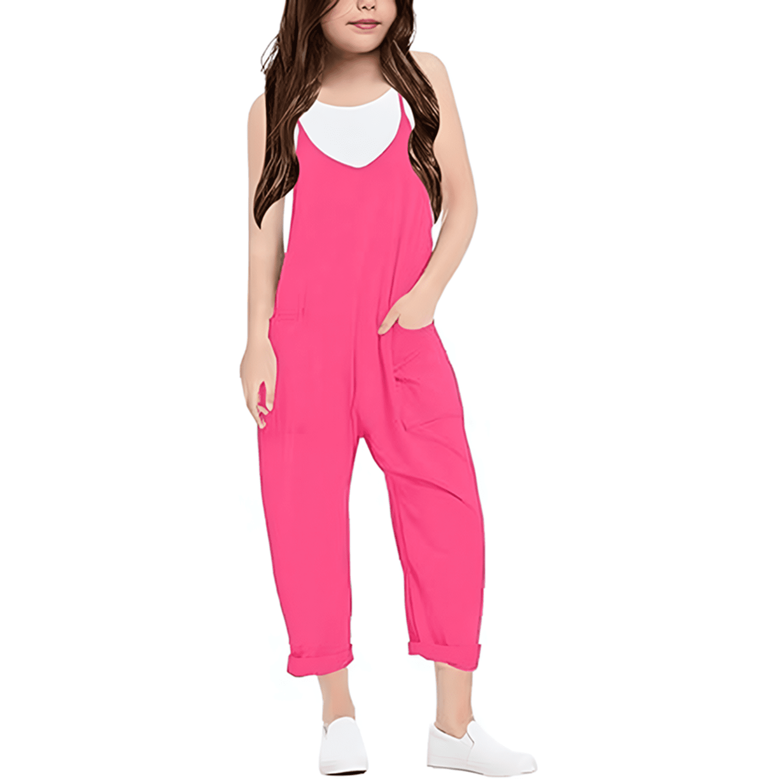 Girls Romper Sleeveless Summer Rompers for Girls Loose Casual Rompers with Pockets Girls Jumpsuits Size 13-14 Y