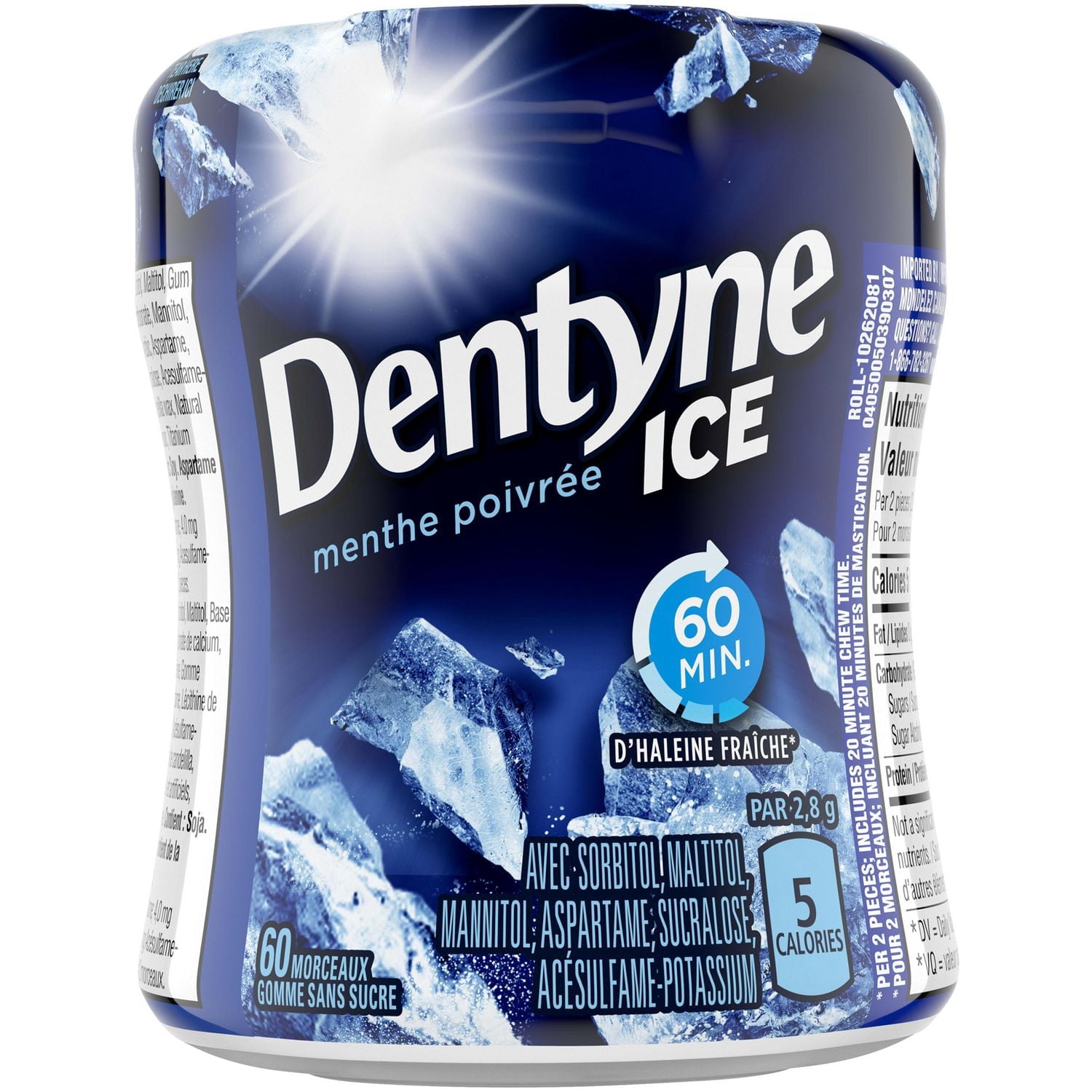 Dentyne Ice Menthe Poivrée, Gomme Sans Sucre, 60 Morceaux, 1 Bouteille