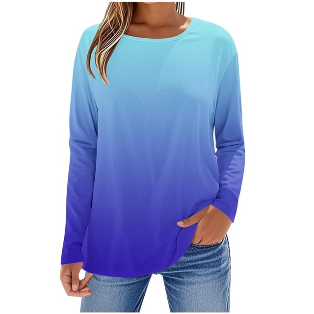 SROBPTY Longues Chandails à Manches pour Femmes, T-Shirt à Manches Longues à Col Rond avec Imprimé Automnal pour Femmes, Bleu, TG