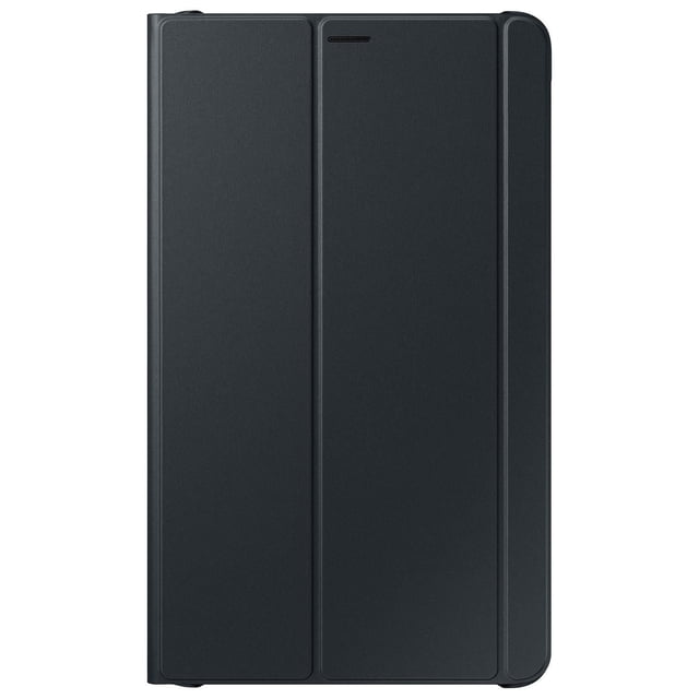 Samsung Galaxy Tab A 8 2017 Bookcover Case in black with a slim tri-fold design for propping the tablet to type or watch movies, featuring a smooth matte finish and precise cutouts for device use and protection.