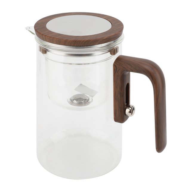 Pot Glass Teapot with Infuser 600ml Stainless Steel One Touch Tea Maker Clear Tea Kettle with Wood Handle for Home Office