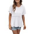 thumbnail image 1 of AherBiu Hauts d'Été pour Femmes Col Rond Manches Courtes Volant Patchwork Épaule Tombante Ample Décontracté Extensible Confortable Tuniques T-Shirts, 1 of 3