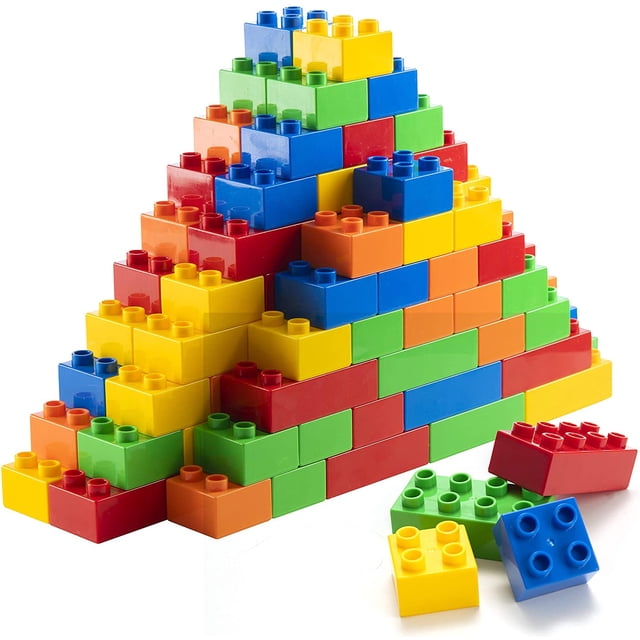 150 Piece Classic Big Building Blocks set featuring 75 square bricks (2x2 pegs) and 75 rectangular bricks (2x4 pegs) in vibrant colors of green, blue, yellow, red, and orange. The blocks are compatible with all major brands and are displayed in a pyramid structure with some pieces scattered in the foreground. Suitable for all ages and ideal for STEM learning.