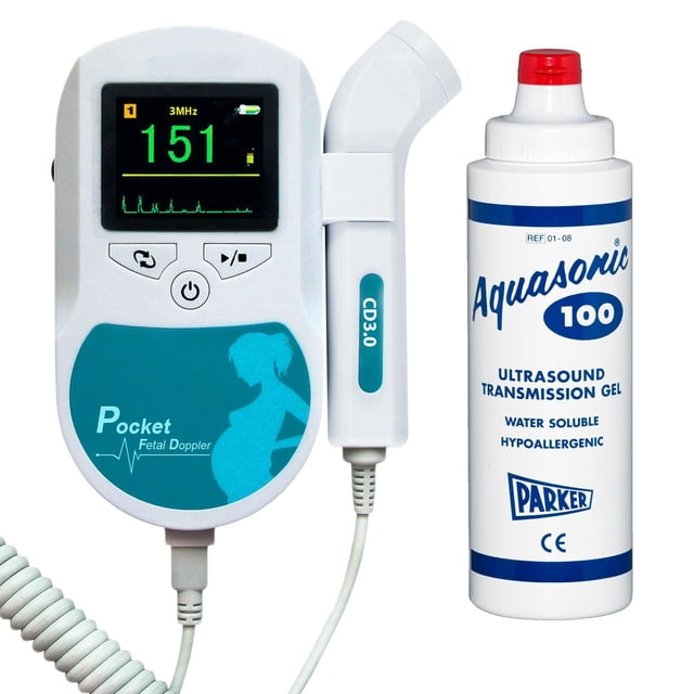 ToronTek-Q17 Fetal Doppler with 3MHz curved probe and 250 ml Aquasonic ultrasound transmission gel, featuring a white handheld device with an OLED screen displaying fetal heart rate 151, control buttons, and a connected probe labeled CD3.0 for prenatal fetal heartbeat monitoring.
