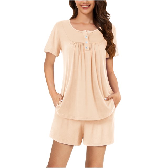 AherBiu Ensembles de Pyjama pour Femmes 2 Pcs Boutons Col Rond Hauts Ensemble de Pjs Shorts Confortables Vêtements de Nuit Vêtements de Nuit