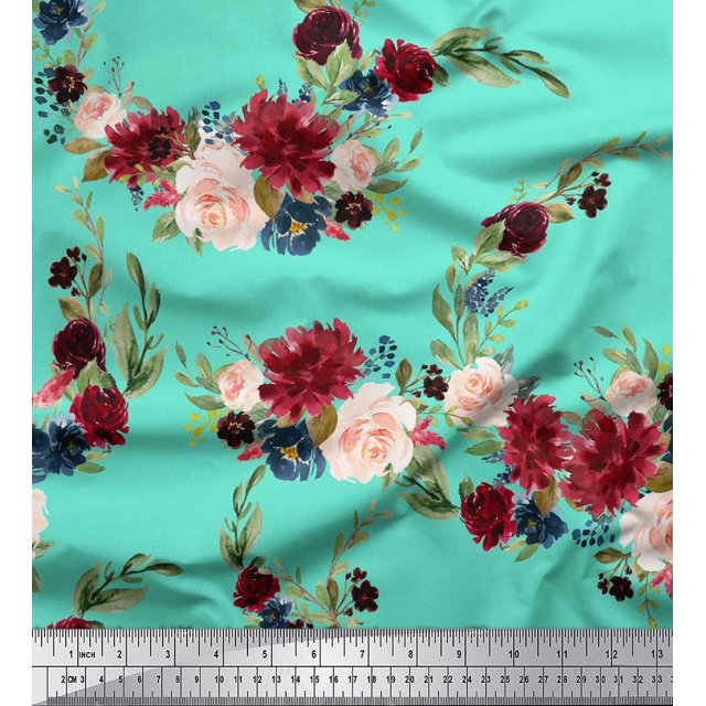 Soimoi Tissu en Coton Vert Canard Ranunculus & Pivoine Imprimé Floral 1 Yard 58 Pouces de Large