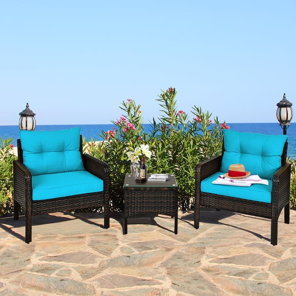 Gymax Ensemble de Mobilier d'Extérieur en Rotin pour Patio 3 Pcs avec Table à Café Coussin Turquoise