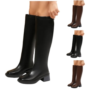 Dakaela Bottes Hauteur Genou pour Femmes, Bout Carré, Plateforme en Cuir, Bottes Hautes, Talon Bloc Épais, Mollet Grand, Bottes d'Équitation Longues, Noir 7