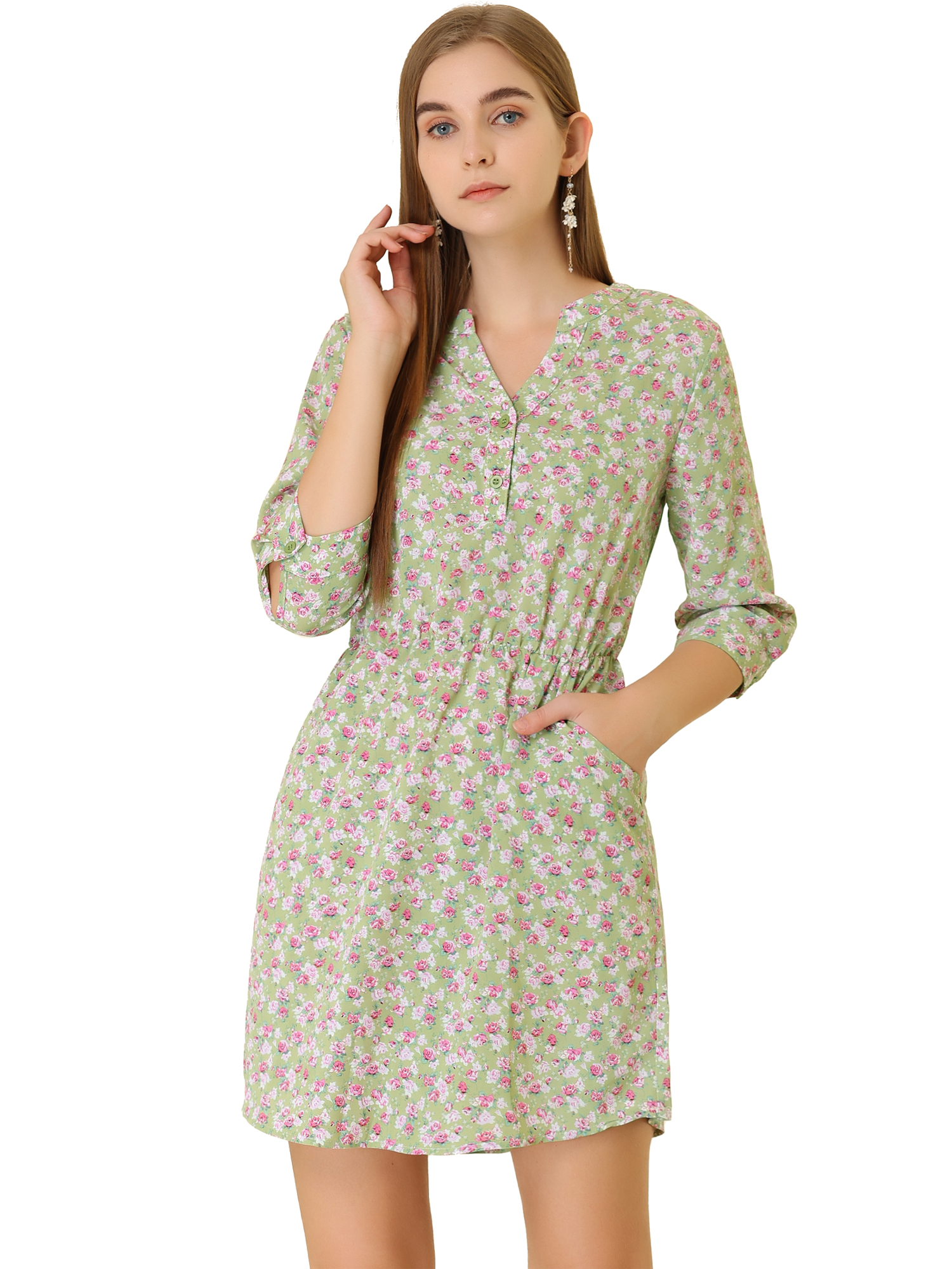 INSPIRE CHIC Robe à Boutons pour Femme à Col en V à Fleurs Manches 3/4 Poches Latérales S Vert Pâle