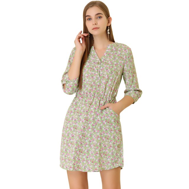 INSPIRE CHIC Robe à Boutons pour Femme à Col en V à Fleurs Manches 3/4 Poches Latérales S Vert Pâle