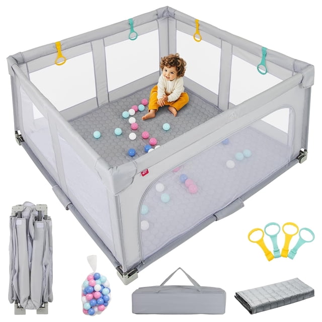 OLAKIDS Foldable Baby Playpen with Mat, 59” x 59” large baby play yard in grey, designed for infants and toddlers aged 0-36 months. Includes 50 ocean balls, 4 pull-up rings, a carry bag, and a machine-washable mat. Features a 360° transparent mesh for visibility, sturdy metal pipes with non-slip pads, and an external zipper door for controlled access. Ideal for indoor and outdoor use as a travel playard or baby activity center.