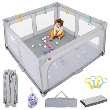 OLAKIDS Parc pour Bébé Pliable avec Tapis, Parc pour Bébé 59” x 59” pour Nourrisson avec 50 Balles d'Océan, 4 Poignées, Sac de Transport, Clôture Intérieure Extérieure Centre d'Activités pour Tout-Petit