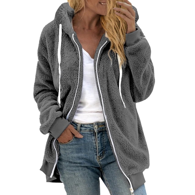 Qertyioot Mode Femmes Fermeture Éclair Col en V Chandail à Enfiler Hauts Manches Longues Blouse à Capuche Chandail