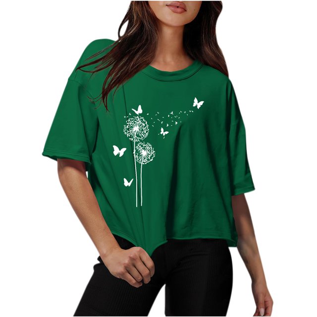 Blouses for Women Drop Shoulder Round Neck Oversized Crop Tops Workout Tops Tees