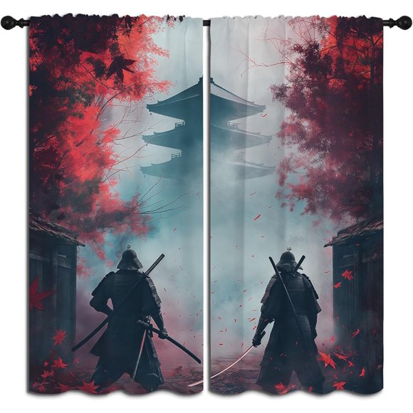 Cherry Blossom Samurai Blackout Curtains, Retro Armor Anime Japanese Style Thermal Insulated Rod Pocket Window Drapes for Bedroom Living Room Kitchen 42"W x 96"L (Pack of 2)