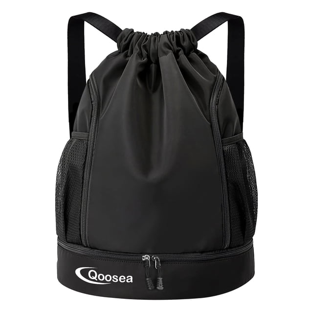 Qoosea Drawstring Backpack Waterproof String Gym Sports Bag in black with a spacious main compartment measuring 16.9 x 13.4 inches. Features include a separate shoe compartment at the bottom, side mesh pockets for water bottles or umbrellas, and an interior zippered pocket for valuables. Made from durable, waterproof Oxford material with adjustable and widened shoulder straps for comfort. Suitable for gym, sports, travel, and daily use.