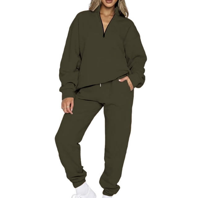 MAWCLOS Women Jogger Sets Long Sleeve Tracksuit Set Solid Color Two Piece Outfit Breathable Sports V Neck Sweatsuits Army Green S
