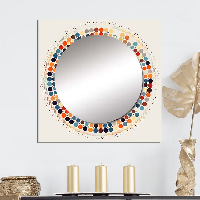 Designart "Boho Mandala Retro Blue And Orange II" Boho Mandala Square Mirror For Wall Decor - Large Blue Square Printed Wall Mirror Art - Square Traditional Mirror - Wall Mounted Square Large Mirror