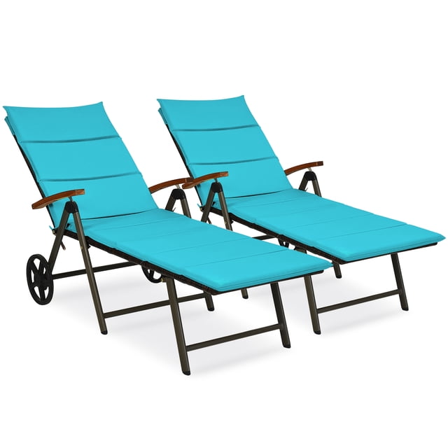 Topbuy 2PCS Folding Outdoor Rattan Chaise Lounge Chair Cushioned Recliner with Wheels&Turquoise Cushion