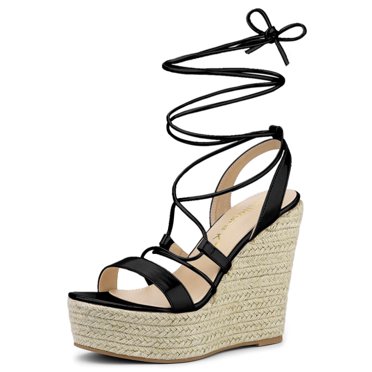 BLISSFUL STEP Sandales à Plateforme Espadrilles à Talon Compensé à Lacets pour Femmes Noir 7,5