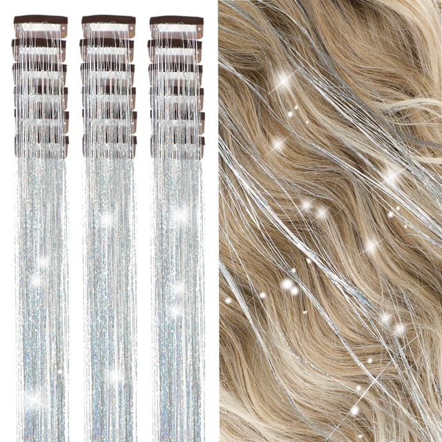SUTENGDA 18 Pcs Guirlande de Cheveux à Clipser Extensions de Cheveux 19.6 Pouces Kit de Guirlande de Cheveux à Clipser Résistant à la Chaleur Scintillant Féerique Accessoires pour Cheveux pour Enfants Filles Femmes (Argent)