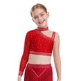 thumbnail image 1 of Manyakai Kids Girls Shiny Rhinestone Jazz Latin Modern Lyrical Dance Crop Tops Irregular Shoulder Red 6, 1 of 7