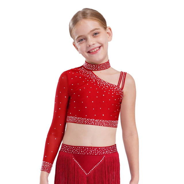 Manyakai Kids Girls Shiny Rhinestone Jazz Latin Modern Lyrical Dance Crop Tops Irregular Shoulder Red 6